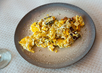 Sticker - Fried eggs cooked with bacon served on plate in restaurant