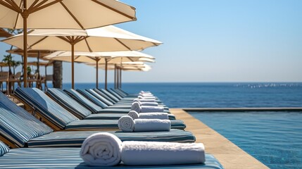 Aufkleber - Sun loungers with rolled towels line the edge of a refreshing pool with a stunning ocean view under clear blue skies