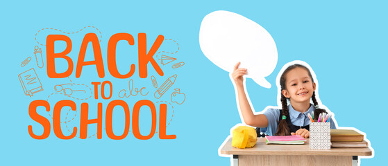 Sticker - Happy schoolgirl with stationery and blank speech bubble sitting on desk against blue background