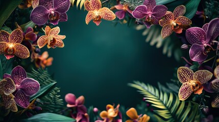 Poster - Colorful orchid blooms surround a dark green backdrop, creating a tropical atmosphere filled with natural beauty