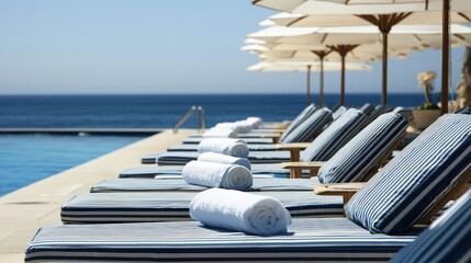 Aufkleber - Sun loungers lined up beside a sparkling infinity pool with white towels, set against a stunning ocean view under clear skies