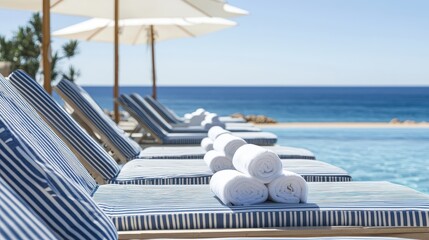 Aufkleber - Sun loungers arranged along a pool edge with neatly stacked towels, offering a tranquil ocean view on a bright, clear day