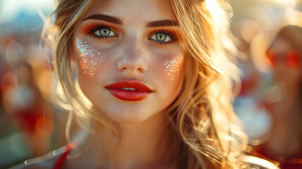 Canvas Print - Closeup Portrait of a Blonde Woman with Glitter Makeup - Photo