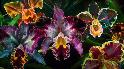 Poster - Exquisite orchids showcase their lush colors and intricate patterns in a serene botanical garden setting under bright daylight