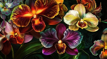 Poster - A stunning array of orchids blooms in rich colors, showcasing their unique patterns and textures in a vibrant botanical garden setting