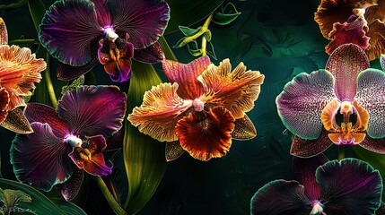 Poster - Colorful orchids blossom with intricate patterns and hues, showcasing nature's beauty amid rich, contrasting colors