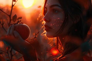 Sticker - A woman holds an apple in front of a beautiful sunset, great for food or travel imagery