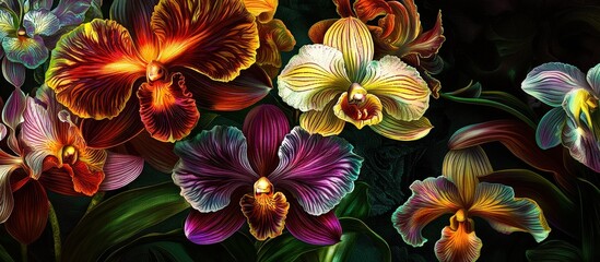 Poster - Colorful orchids bloom in various shades, showcasing their intricate patterns and textures against a dark background, creating a striking visual contrast