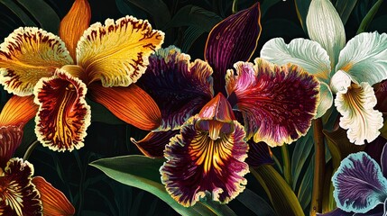 Aufkleber - A stunning display of colorful orchids showcases diverse shapes and intricate details surrounded by lush greenery