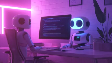 Fototapete - Two robots working together at a desk lit by neon lights.
