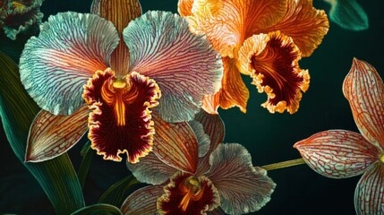 Aufkleber - Beautiful orchids bloom, showcasing detailed colors and textures against a dark backdrop, highlighting nature's artistry in floral design