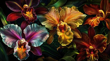 Poster - A stunning array of colorful orchids showcases their intricate patterns and vibrant hues among lush, dark green leaves