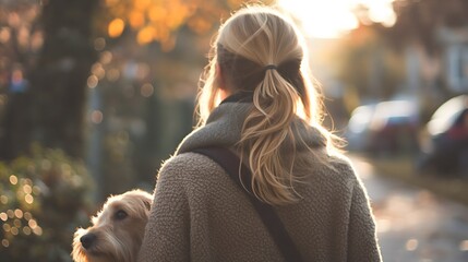 Rearview of young female, blonde woman or girl walking outside on autumn city stry and carrying, hugging her pet, cute dog or adorable puppy, friendship and love between people and domestic animals