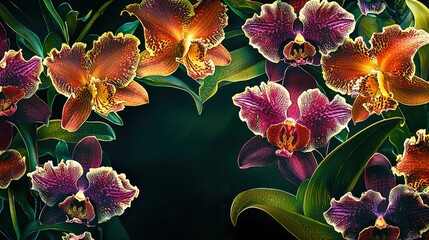 Poster - A stunning arrangement of various orchids showcases their vibrant colors and intricate details, set against a contrasting dark backdrop