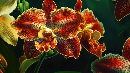 Aufkleber - Colorful orchids display intricate patterns and vibrant hues in a tropical garden, illuminated by the gentle glow of late afternoon sunlight