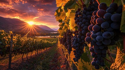 Poster - Grapes hang on the vine as the sun sets behind rolling hills, casting a warm glow over the vineyard in early autumn