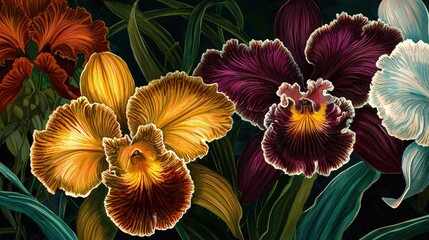 Poster - Exquisite orchids bloom in vibrant shades of purple, yellow, and orange, surrounded by lush green foliage, showcasing their intricate beauty