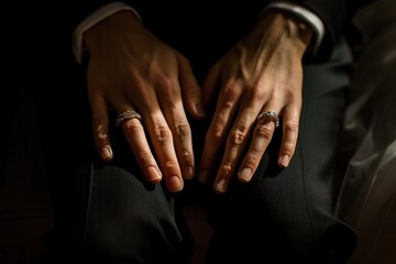 Poster - A close-up view of a person's hands wearing wedding rings, perfect for use in wedding-themed designs or romantic storylines