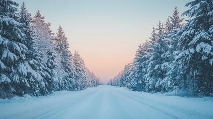 Poster - A tranquil winter road stretches ahead, framed by tall snow-laden trees, under a soft pastel sky at dawn