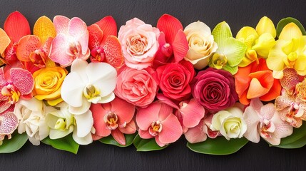 Poster - A vibrant display of diverse flowers including roses and orchids lines a dark surface, showcasing a variety of colors and textures