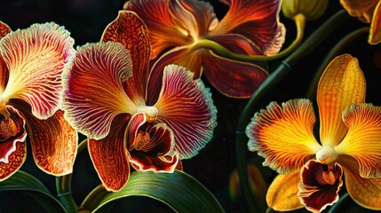 Aufkleber - Bright orange and yellow orchids display intricate patterns while thriving in a lush tropical environment, showcasing nature's vibrant beauty