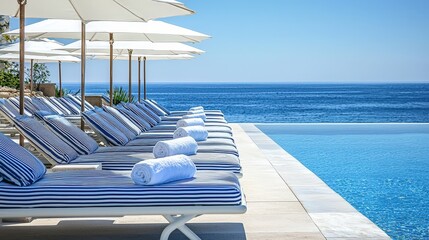 Poster - Relaxing lounge chairs lined up by an infinity pool with a stunning ocean view under bright blue skies