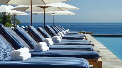 Aufkleber - Sun loungers arranged neatly by a serene pool, offering a perfect view of the ocean on a bright day