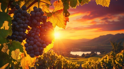 Poster - Grapes dangle from vines as a warm sunset illuminates a valley, casting vibrant colors across the sky and highlighting the lush landscape