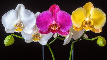Poster - Three beautiful orchids in white, pink, and yellow bloom against a contrasting dark background, showcasing their vibrant colors and intricate details