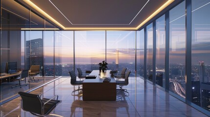 Poster - A large conference room with a city view