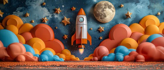 Wall Mural - rocket ship launching through colorful clouds in a starry night sky, rocket ship launching through c