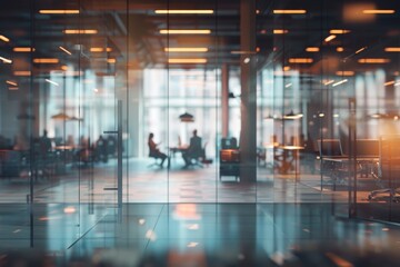 Poster - People working at tables in a glass-walled room