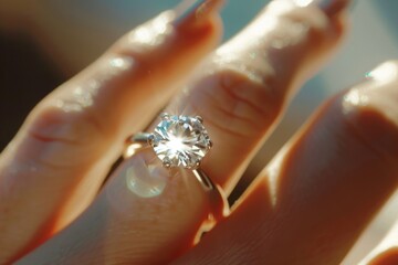 Sticker - A close-up shot of a person's hand holding a diamond ring, suitable for jewelry or engagement related uses