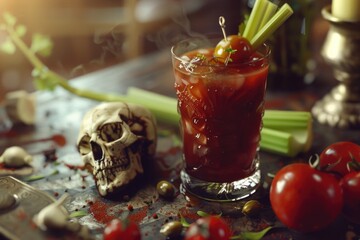 Poster - A glass filled with a bloody cocktail, garnished with celery and tomato slices