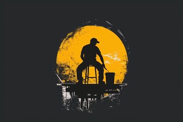 Poster - A person sits on a stool gazing at the full moon