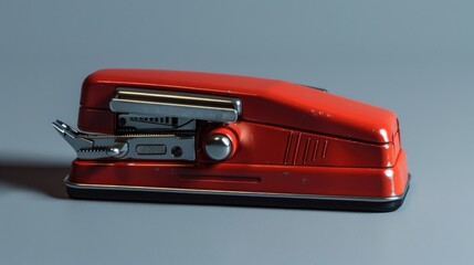 Poster - A bright red stapler sits on a table, ready for use
