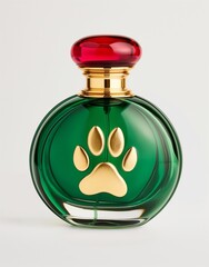 A perfume bottle with a dog paw print on the front, set against a clean white background. The design is simple yet elegant, ideal for pet-related or luxury product branding.