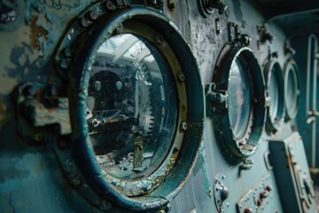 Poster - A close-up view of a ship's porthole with watery reflections