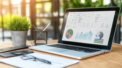Poster - A laptop displays various business charts while a potted plant and notepad are arranged neatly on a modern office desk