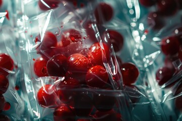 Poster - Fresh cherries packaged for sale or storage, with transparent plastic wrapping