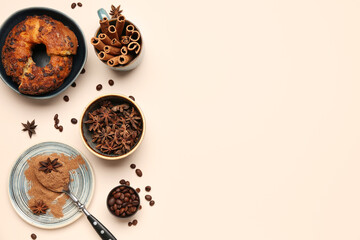 Wall Mural - Composition with cinnamon sticks, powder, coffee beans, anise stars and cake on light background