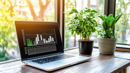 Poster - A laptop displays various business charts while a potted plant and notepad are arranged neatly on a modern office desk