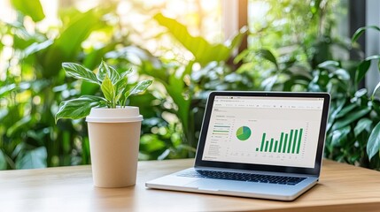 Poster - A laptop displays various business charts while a potted plant and notepad are arranged neatly on a modern office desk