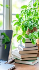Poster - A laptop displays various business charts while a potted plant and notepad are arranged neatly on a modern office desk