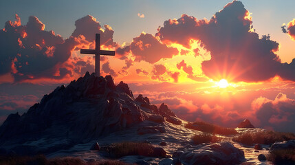 Cross on Mountaintop with Dramatic Sunset Illustration