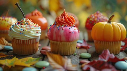 Canvas Print - Delicious Autumn Cupcakes with Pumpkin