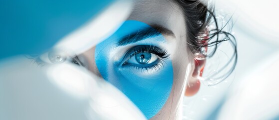 The image features a young woman's eye as the focal point, with blue and white colors split around her, creating a striking contrast and highlighting her gaze with an artistic touch.