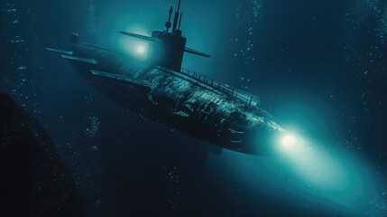 Aufkleber - Submarine submerged in water with a light source, ideal for use in illustrations about marine life or exploration