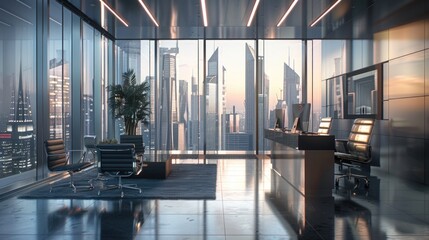 Aufkleber - A modern office with a city view, ideal for use in corporate or business settings
