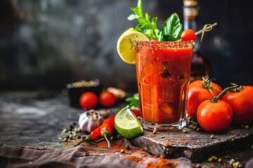 Aufkleber - A glass of tomato bloody mary cocktail with tomatoes, lime, and pepper